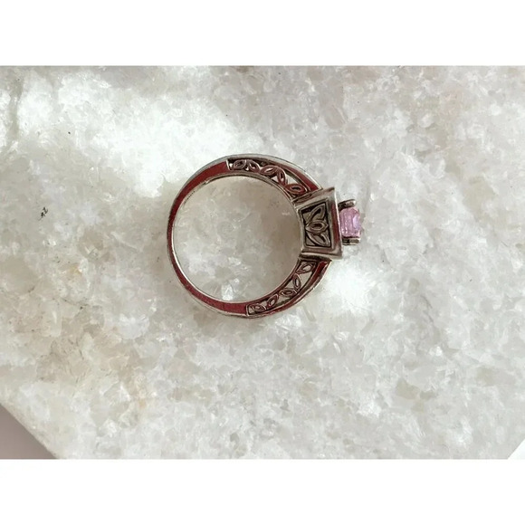 Pink Spinel Emerald Cut CZ Lined Double Shank Vintage Sterling Silver Ring  sz 5 - Picture 6 of 10
